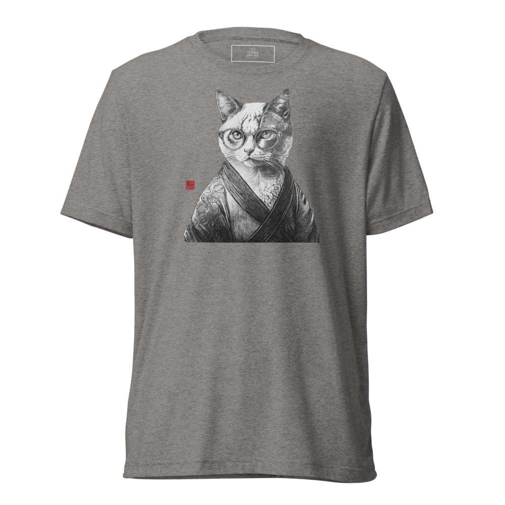 Cat in Kimono 和服の猫 | Black and White Art | Unisex tri - blend t-shirt - Gorma & Friends