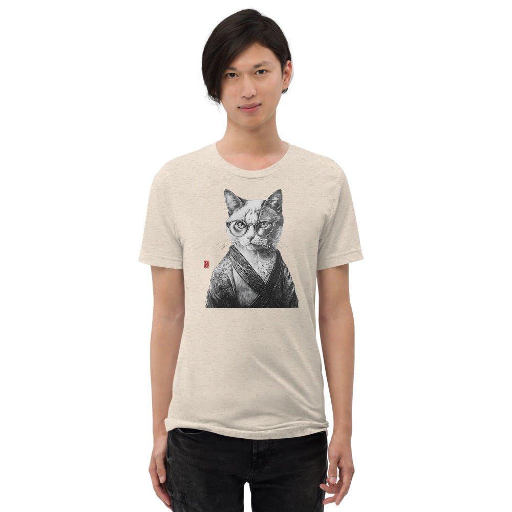 Cat in Kimono 和服の猫 | Black and White Art | Unisex tri - blend t-shirt - Gorma & Friends