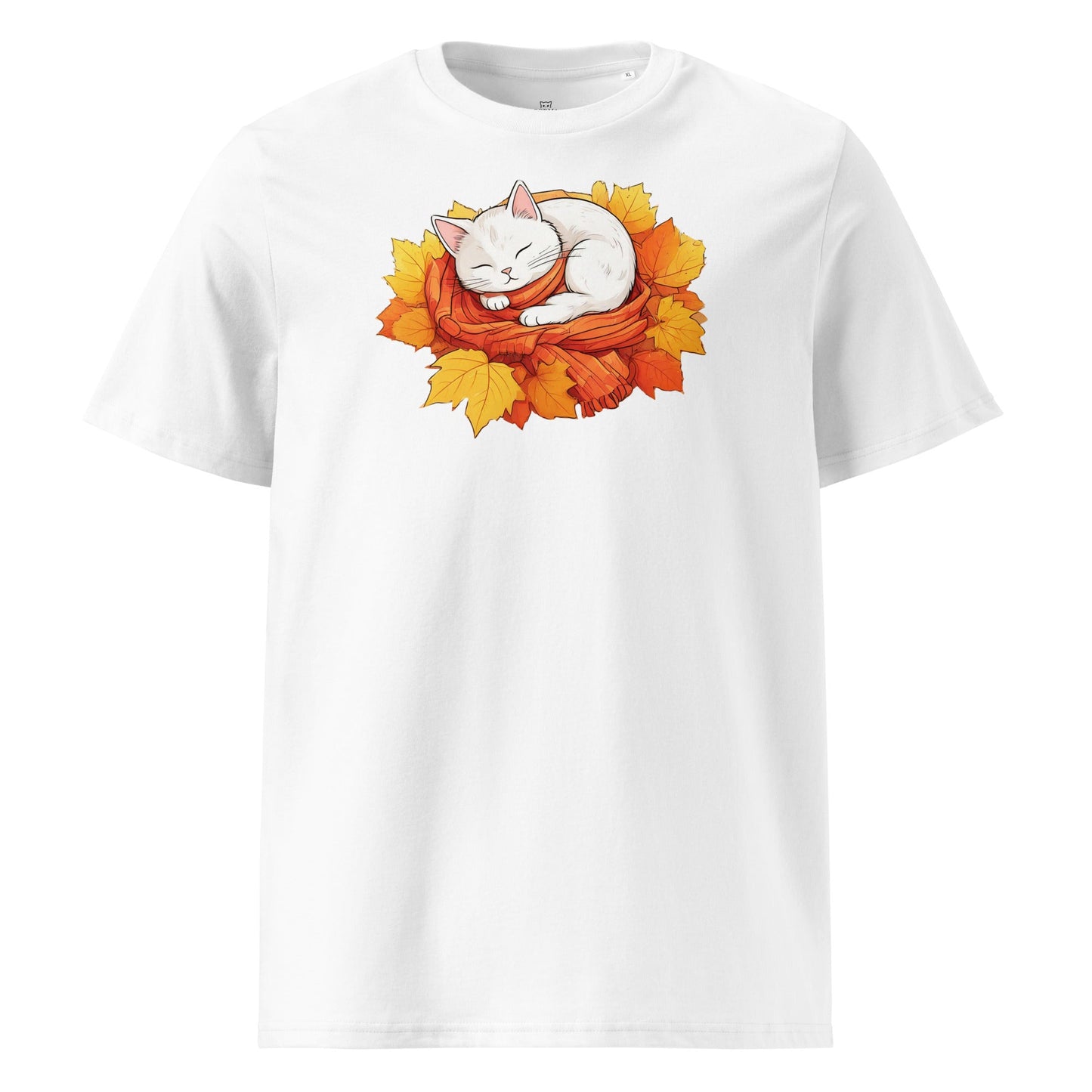 White Cat in Autumn Leaves | organic cotton t-shirt - Gorma & Friends