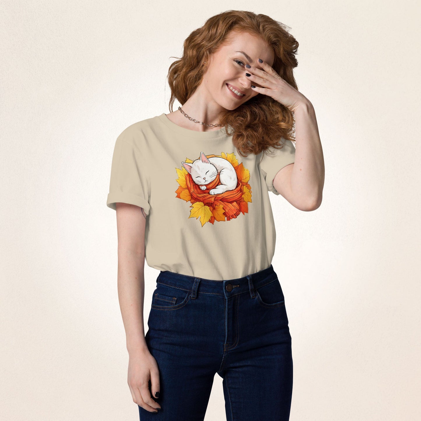 White Cat in Autumn Leaves | organic cotton t-shirt - Gorma & Friends