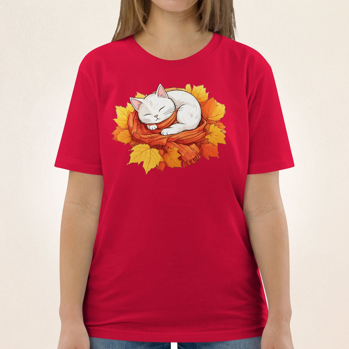 White Cat in Autumn Leaves | organic cotton t-shirt - Gorma & Friends