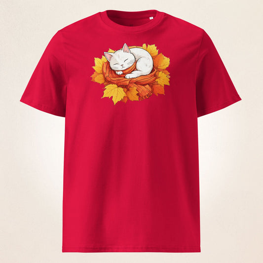 White Cat in Autumn Leaves | organic cotton t-shirt - Gorma & Friends