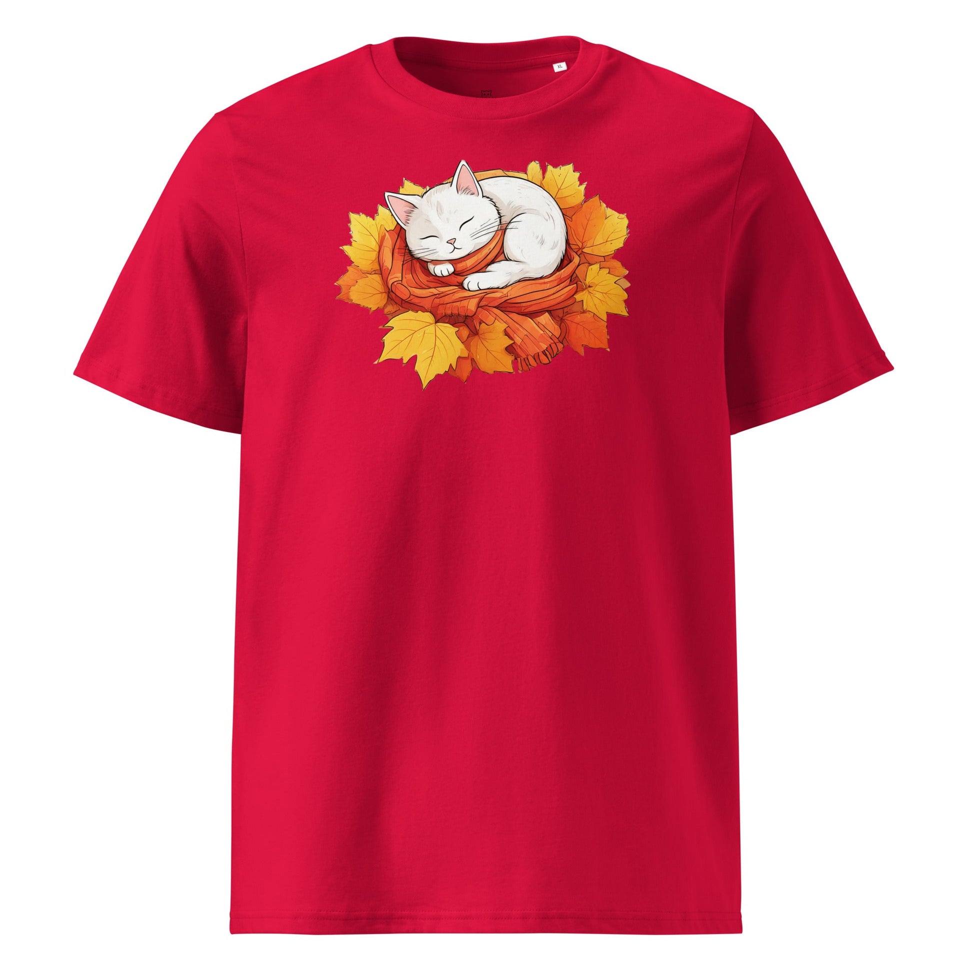 White Cat in Autumn Leaves | organic cotton t-shirt - Gorma & Friends