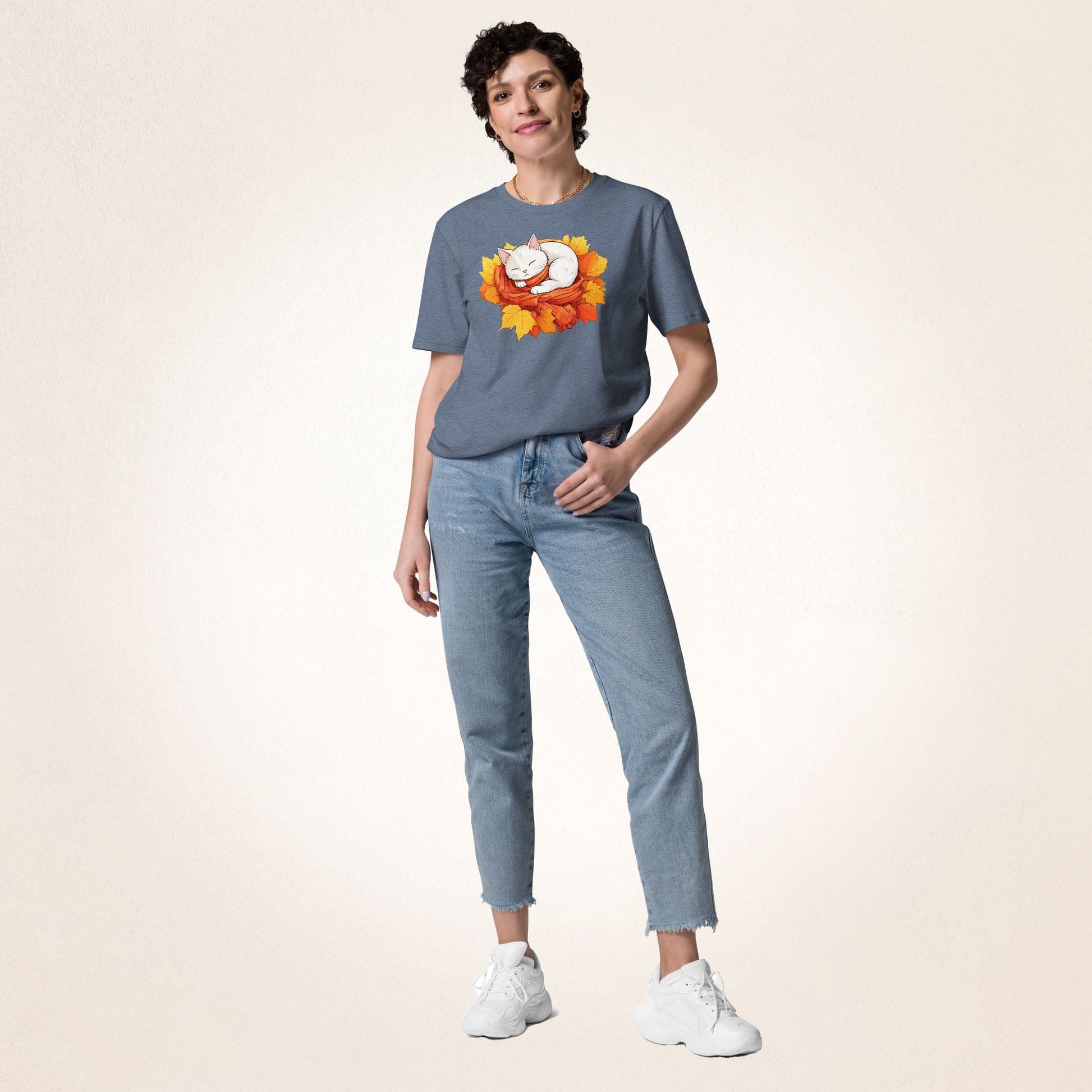 White Cat in Autumn Leaves | organic cotton t-shirt - Gorma & Friends