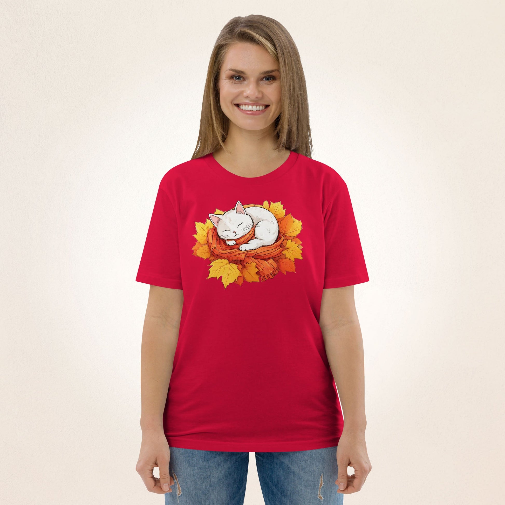 White Cat in Autumn Leaves | organic cotton t-shirt - Gorma & Friends