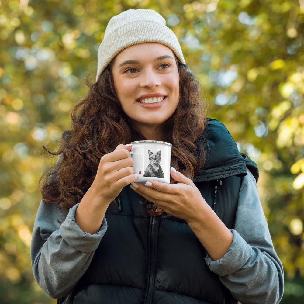 Woman holding cat enamel mug